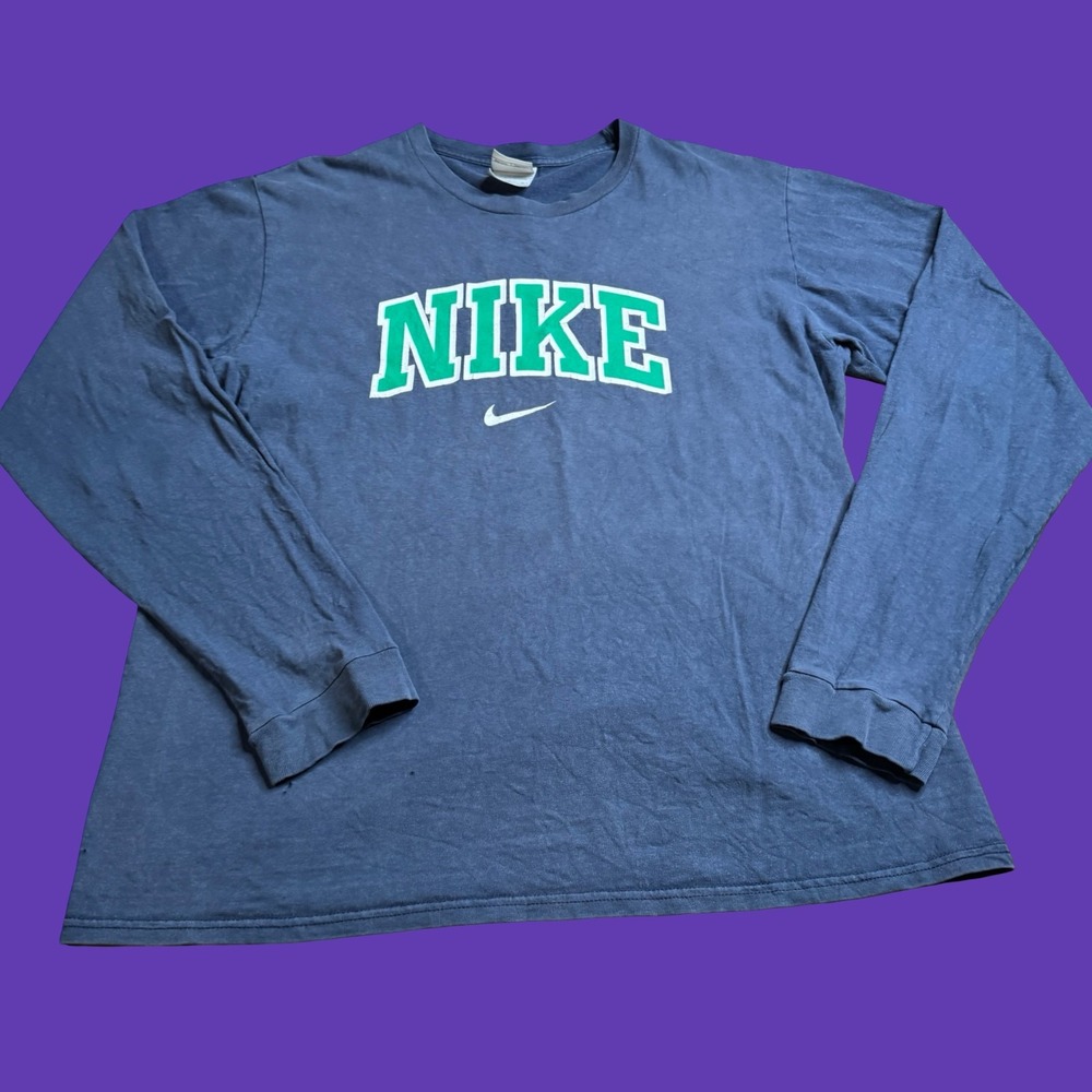 Vintage Y2K Nike Long Sleeve Shirt L Blue Gray Tag Center Swoosh Streetwear